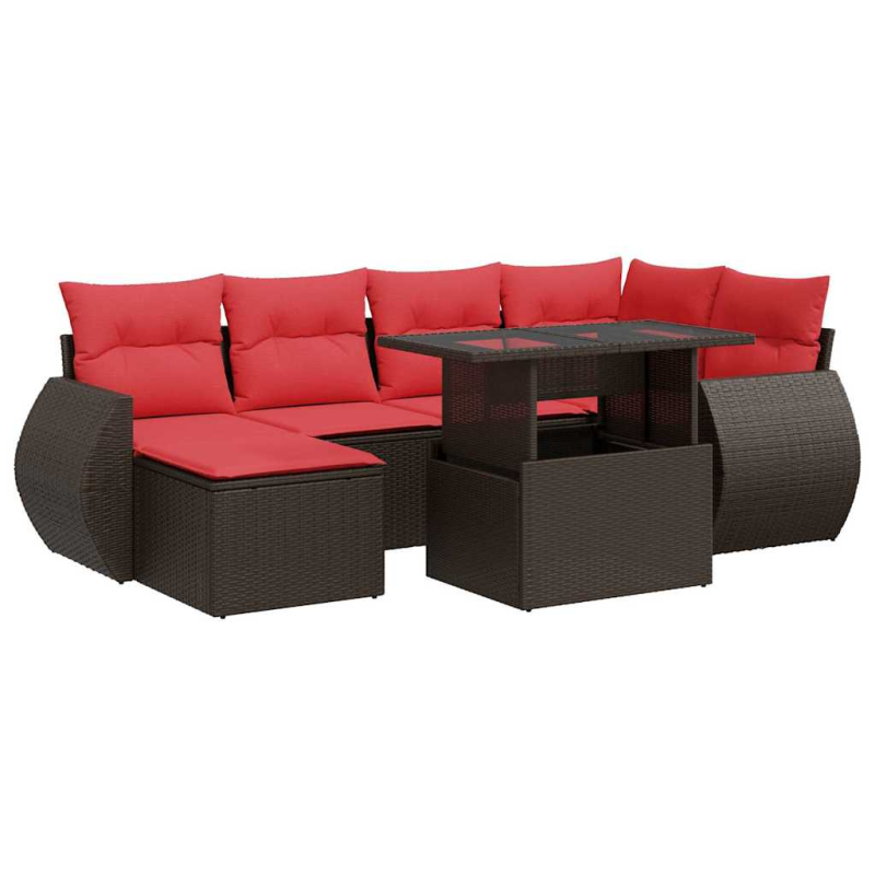 7-tlg. Garten-Sofagarnitur mit Kissen Braun Poly Rattan Akazie