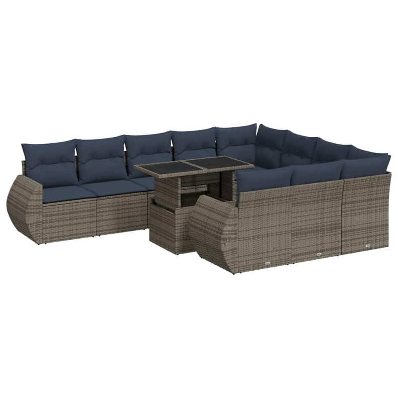 11-tlg. Garten-Sofagarnitur mit Kissen Grau Poly Rattan Akazie