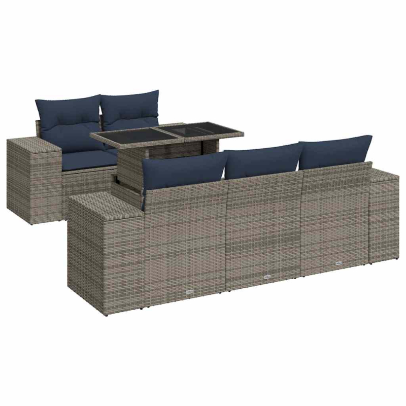 6-tlg. Garten-Sofagarnitur mit Kissen Grau Poly Rattan Akazie