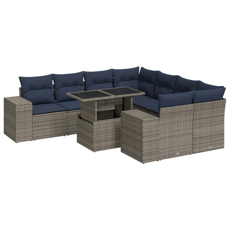 9-tlg. Garten-Sofagarnitur mit Kissen Grau Poly Rattan Akazie