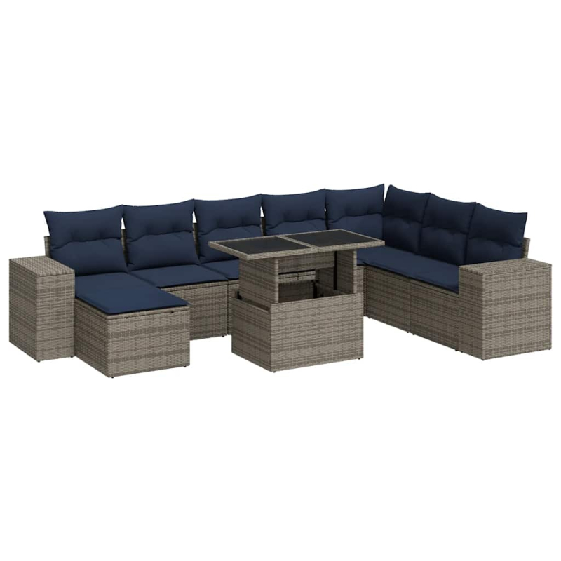 9-tlg. Garten-Sofagarnitur mit Kissen Grau Poly Rattan Akazie