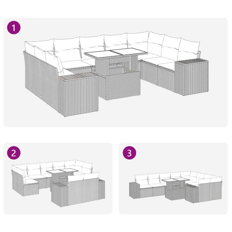 10-tlg. Garten-Sofagarnitur mit Kissen Grau Poly Rattan Akazie