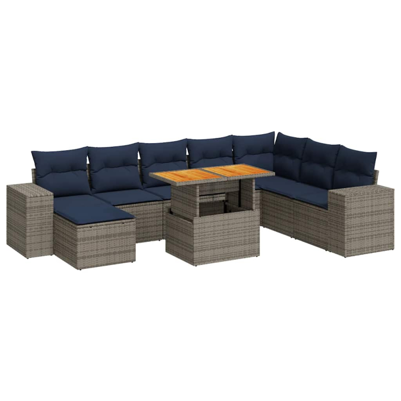 9-tlg. Garten-Sofagarnitur mit Kissen Grau Poly Rattan