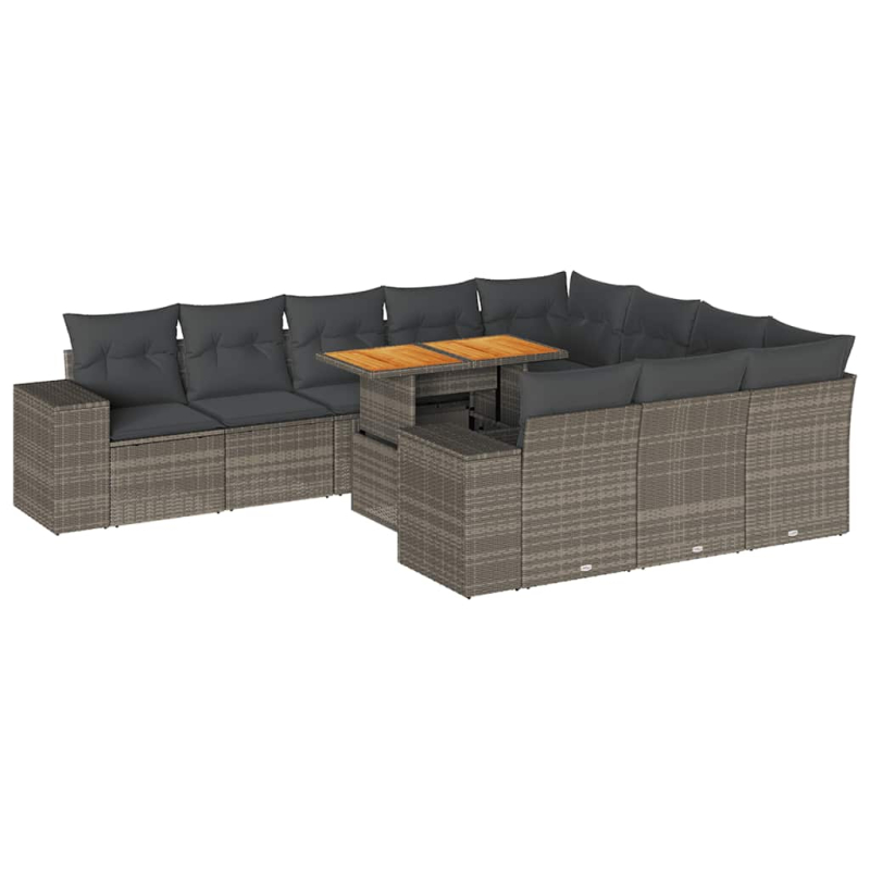 10-tlg. Garten-Sofagarnitur mit Kissen Grau Poly Rattan Akazie