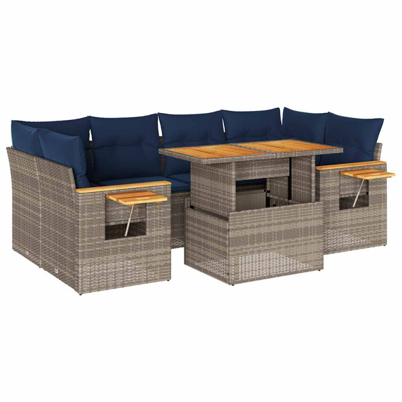 7-tlg. Garten-Sofagarnitur mit Kissen Grau Poly Rattan