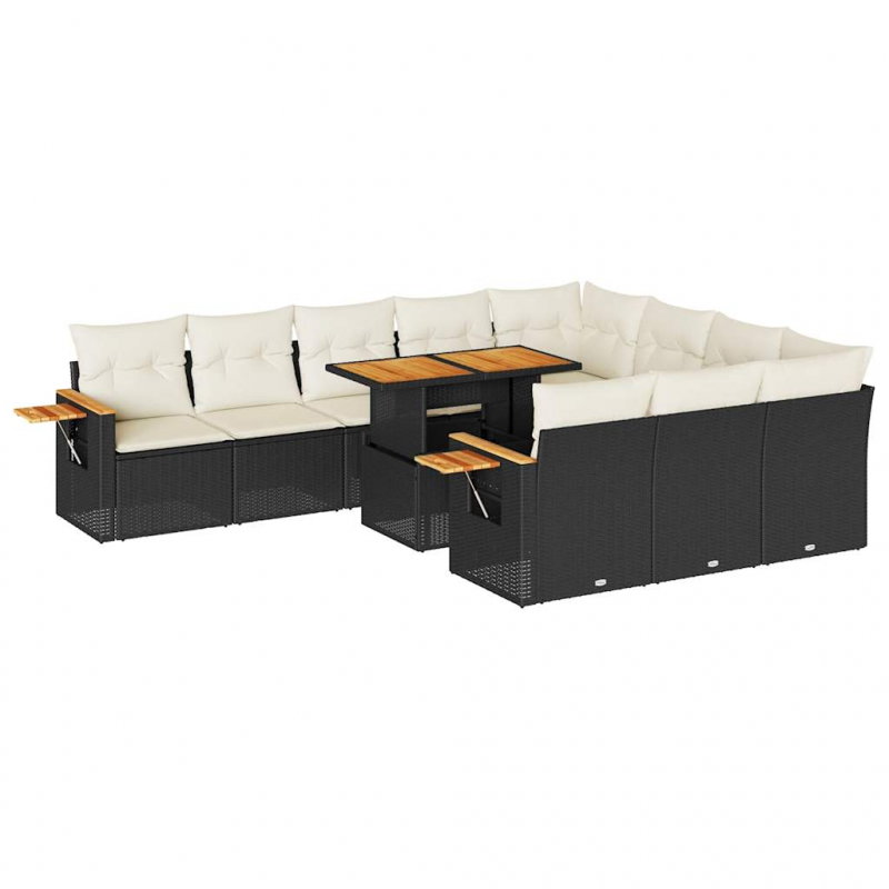 11-tlg. Garten-Sofagarnitur mit Kissen Schwarz Poly Rattan