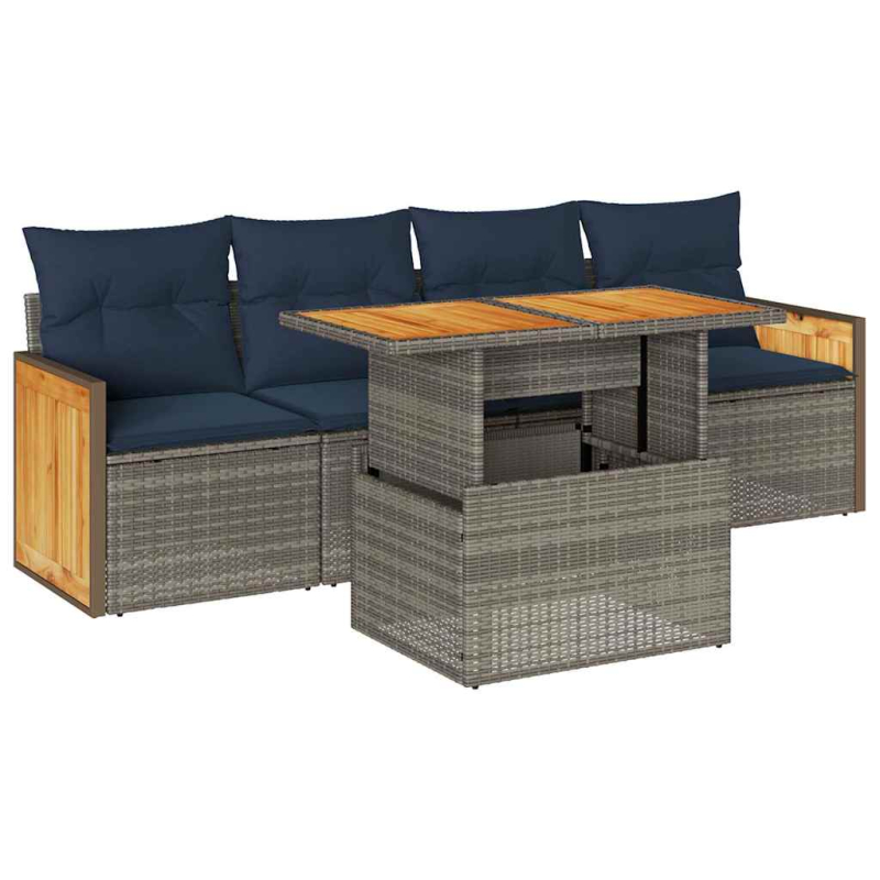 5-tlg. Garten-Sofagarnitur mit Kissen Grau Poly Rattan Akazie