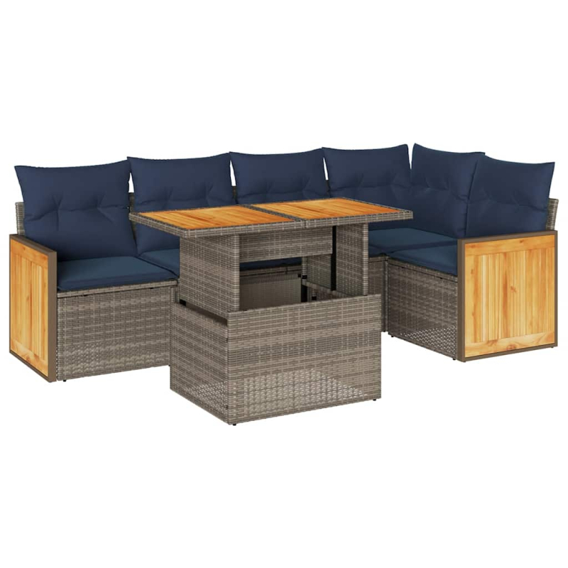 6-tlg. Garten-Sofagarnitur mit Kissen Grau Poly Rattan Akazie