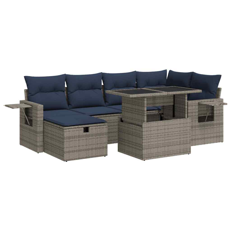 7-tlg. Garten-Sofagarnitur mit Kissen Braun Poly Rattan Akazie