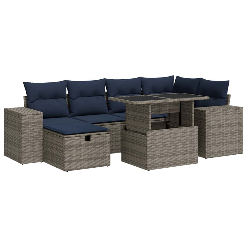 7-tlg. Garten-Sofagarnitur mit Kissen Braun Poly Rattan Akazie
