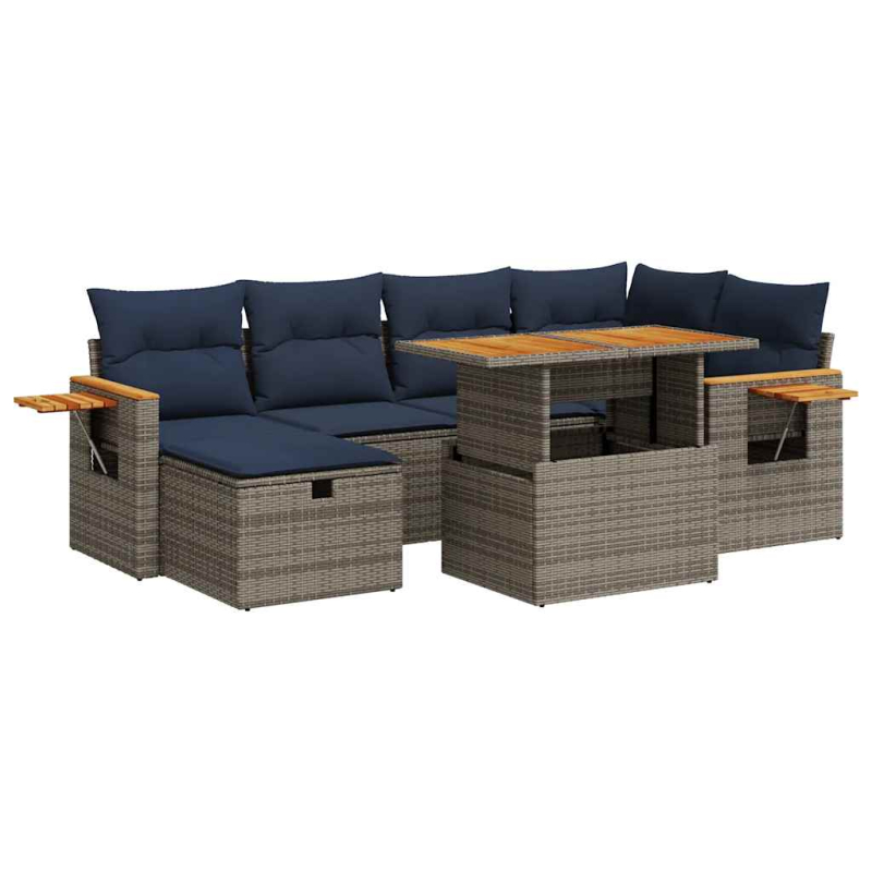 7-tlg. Garten-Sofagarnitur mit Kissen Schwarz Poly Rattan