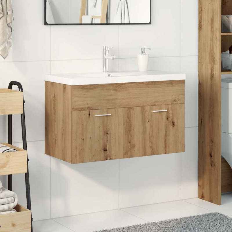 Waschbeckenunterschrank mit Einbaubecken und Wasserhahn