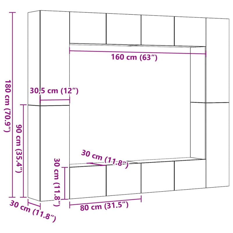 8-tlg. TV-Schrank-Set Wandmontage Altholz-Optik Holzwerkstoff