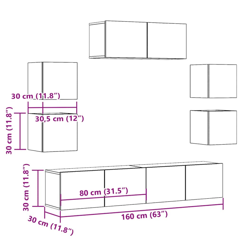 7-tlg. TV-Schrank-Set Wandmontage Artisan-Eiche Holzwerkstoff