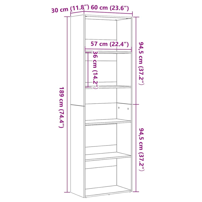 Bücherregal Schwarz Eichen-Optik 60x30x189 cm Holzwerkstoff