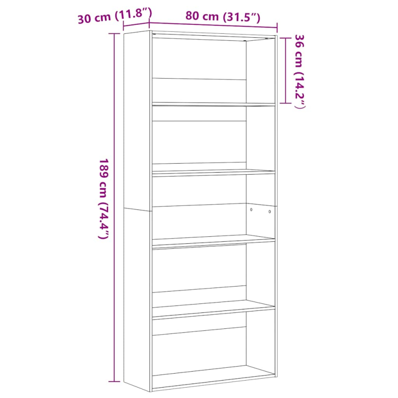 Bücherregal Schwarz Eichen-Optik 80x30x189 cm Holzwerkstoff