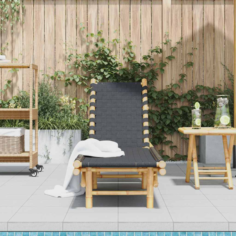 Sonnenliege mit schwarzem gewebtem Gurtband 55x200x30 cm Bambus