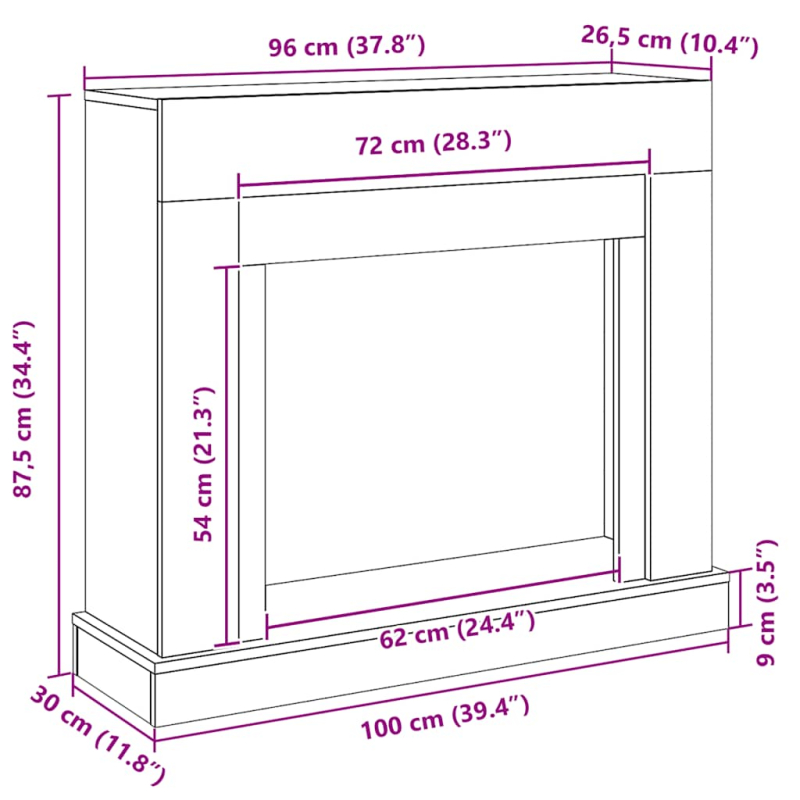 Kaminumrandung Schwarz Eichen-Optik 100x30x87,5cm Holzwerkstoff