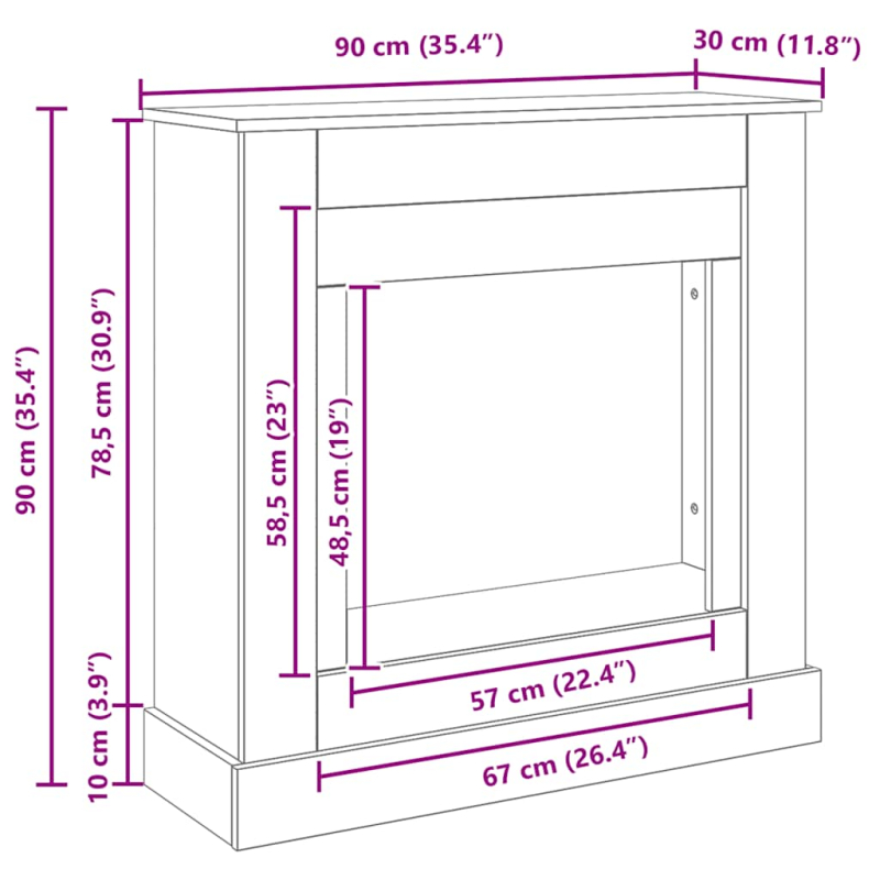 Kaminumrandung Schwarz Eichen-Optik 90x30x90 cm Holzwerkstoff