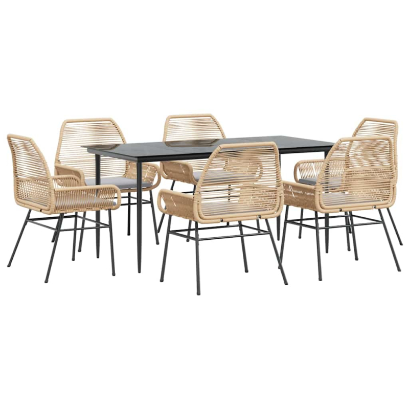 7-tlg. Garten-Essgruppe mit Kissen Braun Poly Rattan Glas