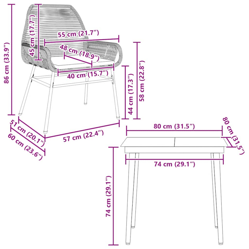 3-tlg. Garten-Essgruppe mit Kissen Grau Poly Rattan Glas