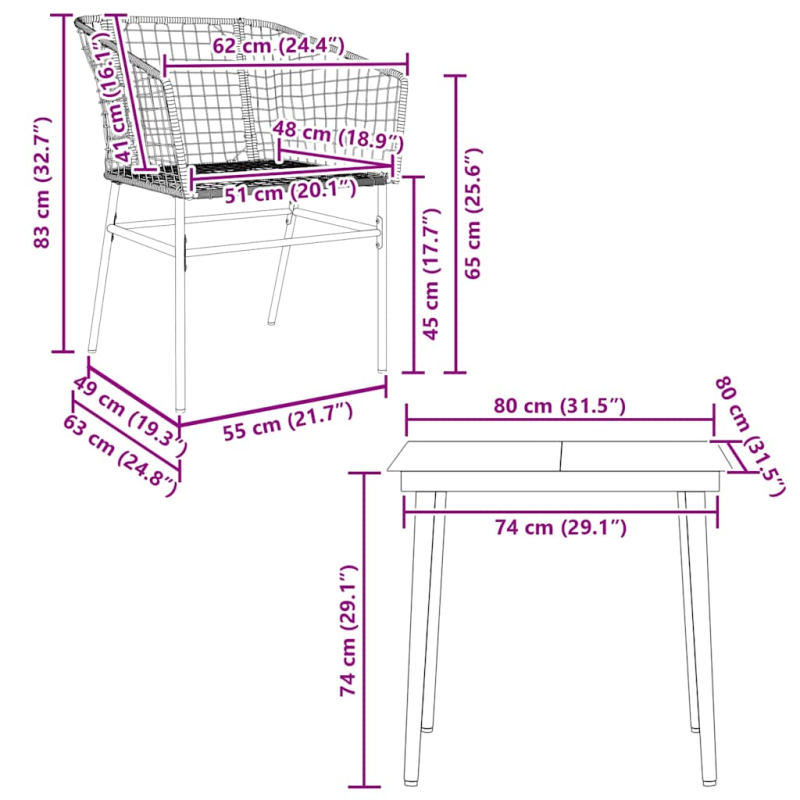 3-teiliges Garten-Esszimmerset aus schwarzem Polyrattanglas