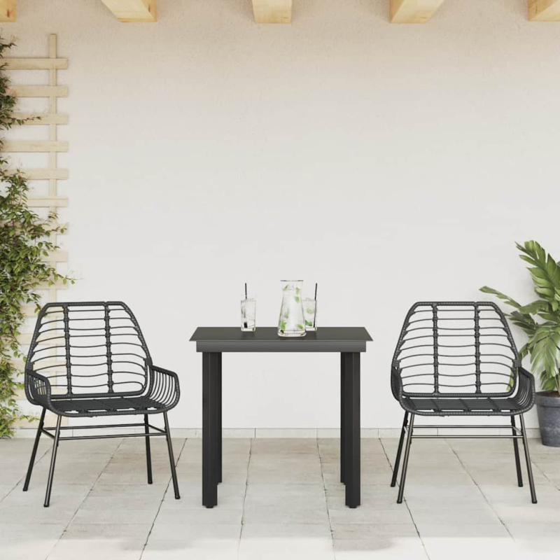 3-teiliges Garten-Esszimmerset aus schwarzem Polyrattanglas