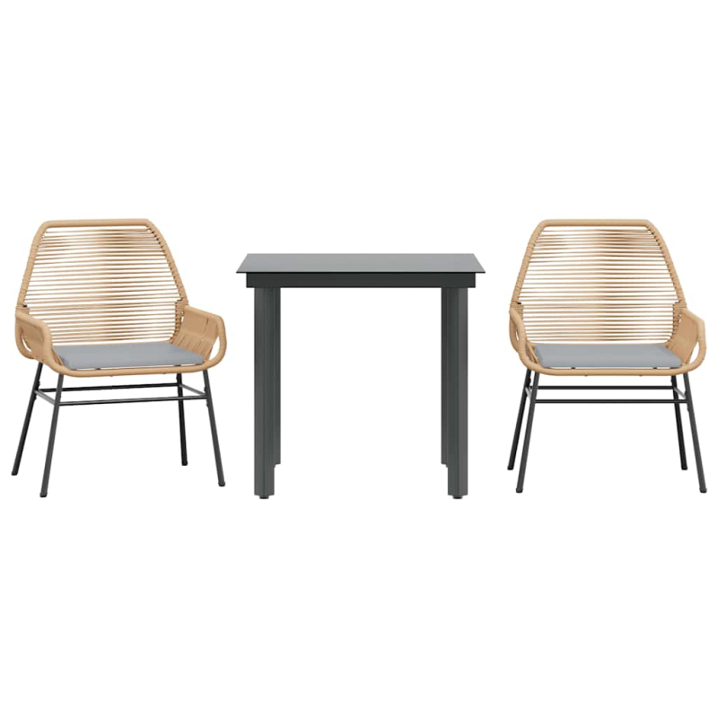 3-tlg. Garten-Essgruppe mit Kissen Braun Poly Rattan Glas