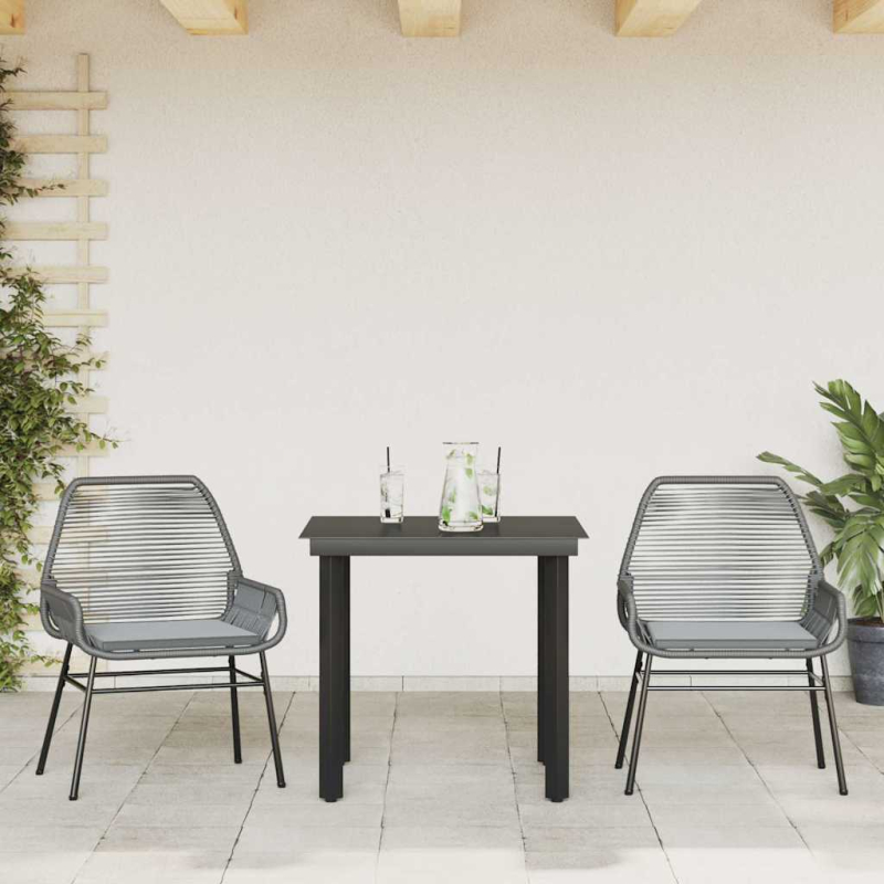 3-tlg. Garten-Essgruppe mit Kissen Grau Poly Rattan Glas
