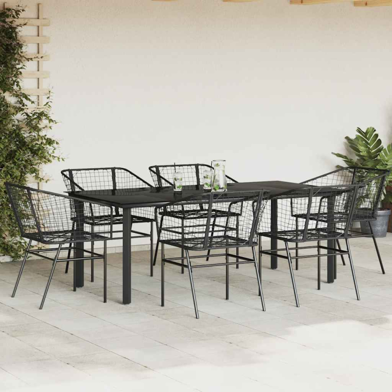 7-teiliges Garten-Esszimmerset aus schwarzem Polyrattanglas