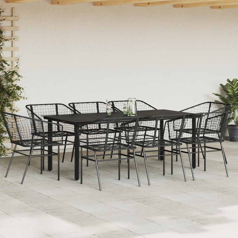 9-teiliges Garten-Esszimmerset aus schwarzem Polyrattanglas