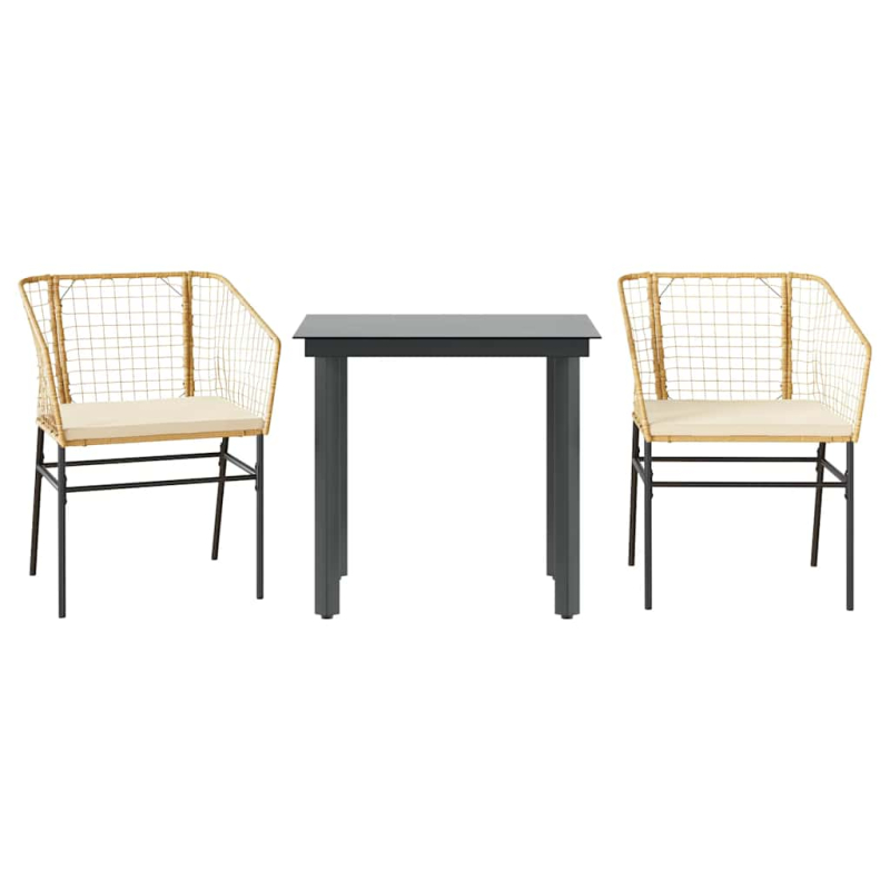 3-tlg. Garten-Essgruppe mit Kissen Braun Poly Rattan Glas