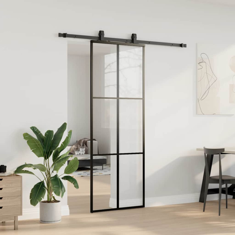 Schiebetür mit Beschlag Schwarz 76x205 cm ESG-Glas