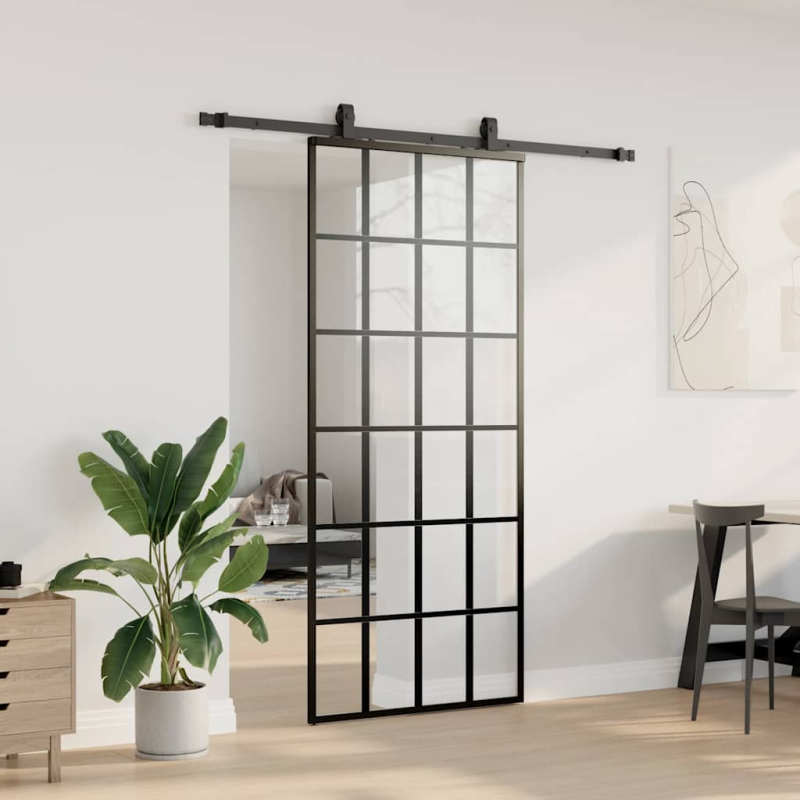 Schiebetür mit Beschlag Schwarz 90x205 cm ESG-Glas