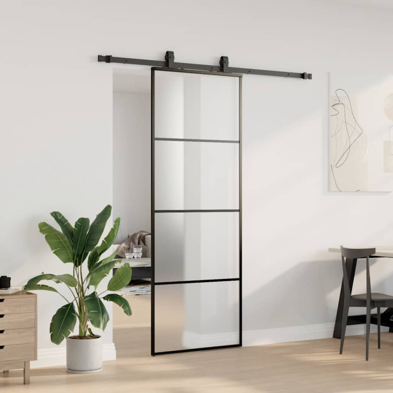 Schiebetür mit Beschlag Schwarz 76x205 cm ESG-Glas