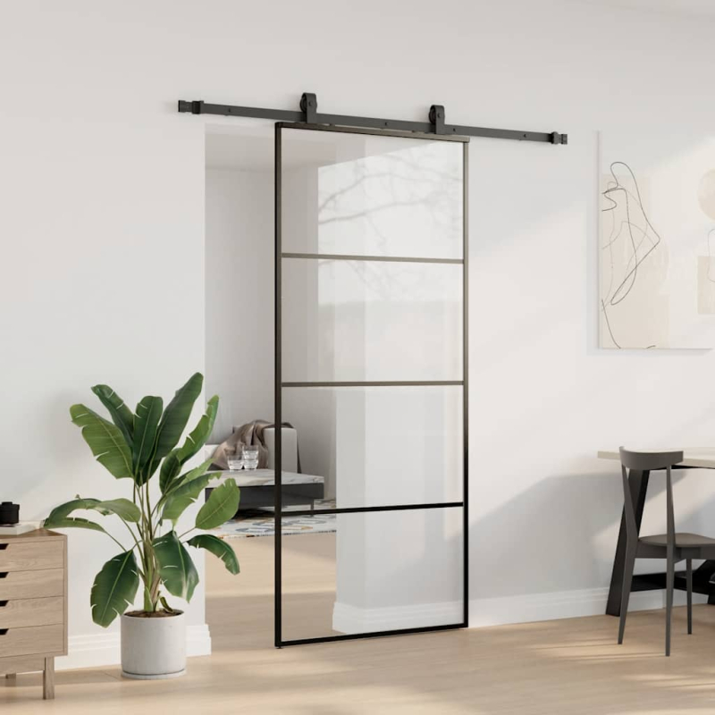 Schiebetür mit Beschlag Schwarz 90x205 cm ESG-Glas