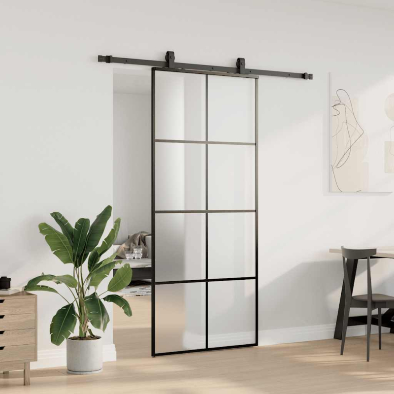 Schiebetür mit Beschlag Schwarz 90x205 cm ESG-Glas