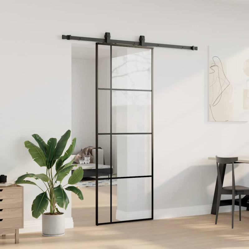 Schiebetür mit Beschlag Schwarz 76x205 cm ESG-Glas