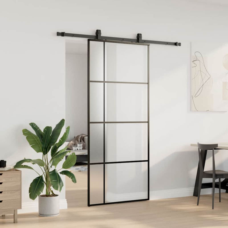 Schiebetür mit Beschlag Schwarz 90x205 cm ESG-Glas