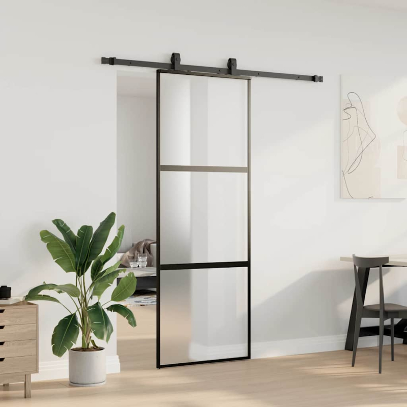 Schiebetür mit Beschlag Schwarz 76x205 cm Hartglas