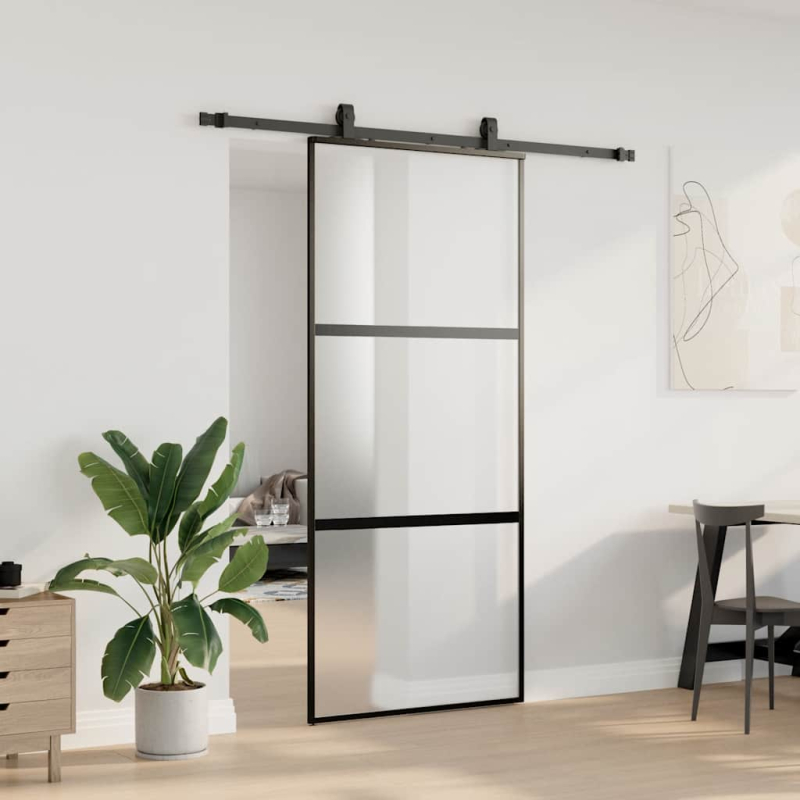Schiebetür mit Beschlag Schwarz 90x205 cm Hartglas