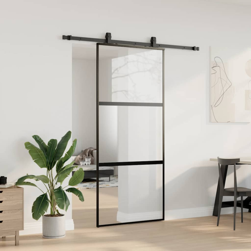 Schiebetür mit Beschlag Schwarz 90x205 cm Hartglas