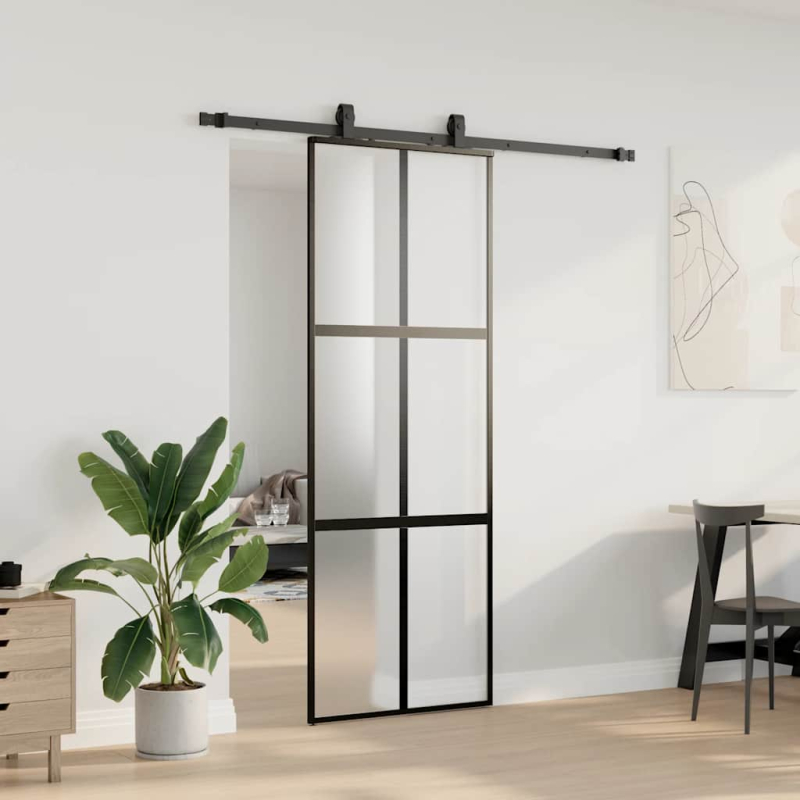 Schiebetür mit Beschlag Schwarz 76x205 cm Hartglas