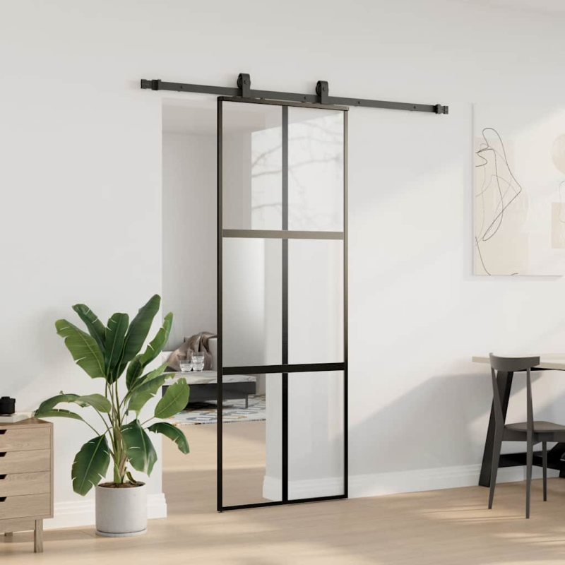 Schiebetür mit Beschlag Schwarz 76x205 cm Hartglas