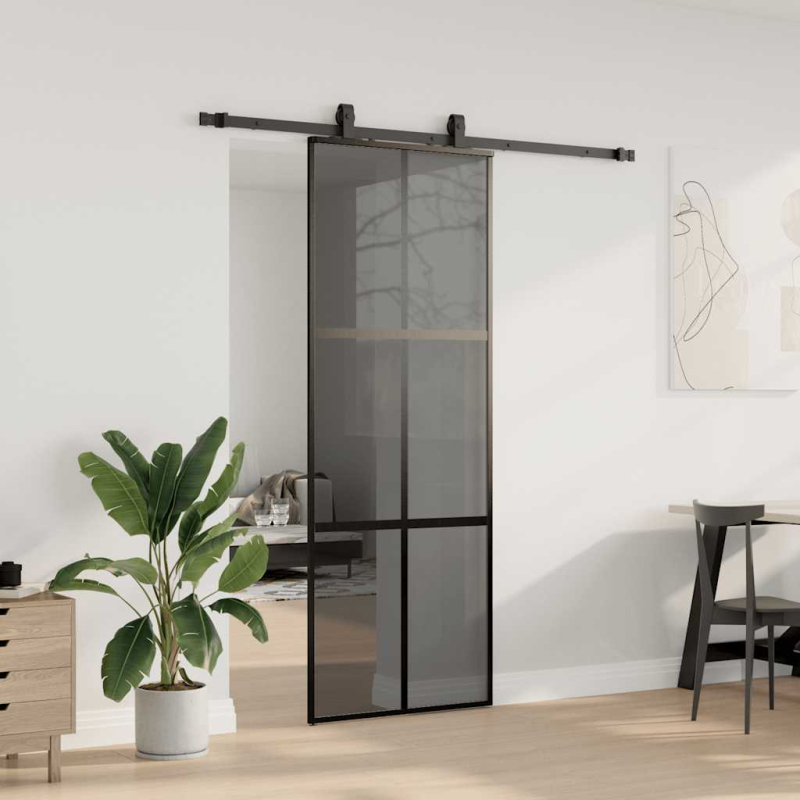 Schiebetür mit Beschlag Schwarz 76x205 cm Hartglas