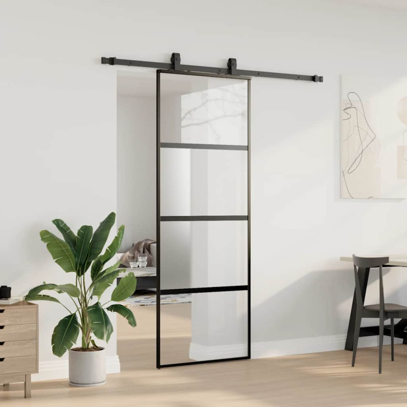 Schiebetür mit Beschlag Schwarz 76x205 cm Hartglas