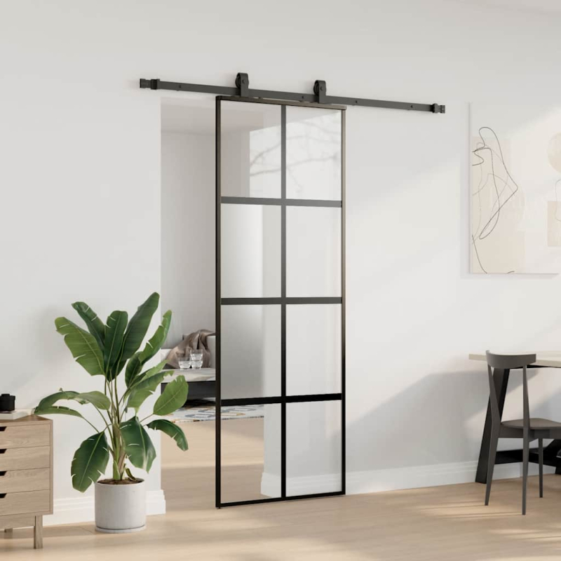 Schiebetür mit Beschlag Schwarz 76x205 cm Hartglas