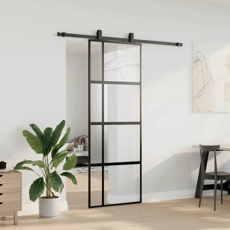 Schiebetür mit Beschlag Schwarz 76x205 cm Hartglas