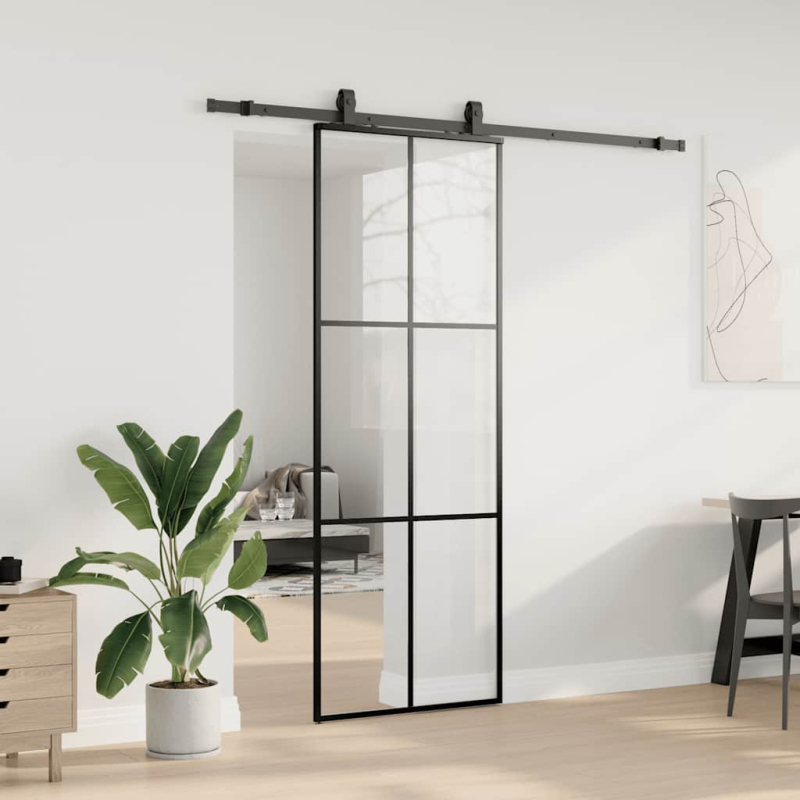 Schiebetür mit Beschlag Schwarz 76x205 cm ESG-Glas