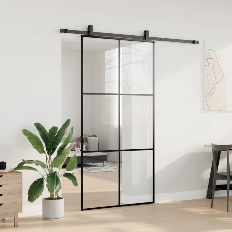 Schiebetür mit Beschlag Schwarz 102x205 cm ESG-Glas